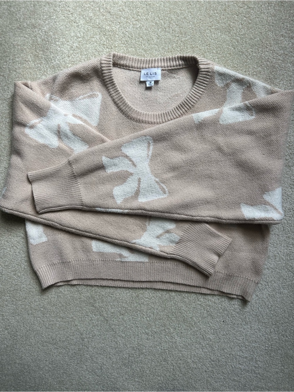 Le Lis Taupe Crewneck Sweater with Cream Bow Accents